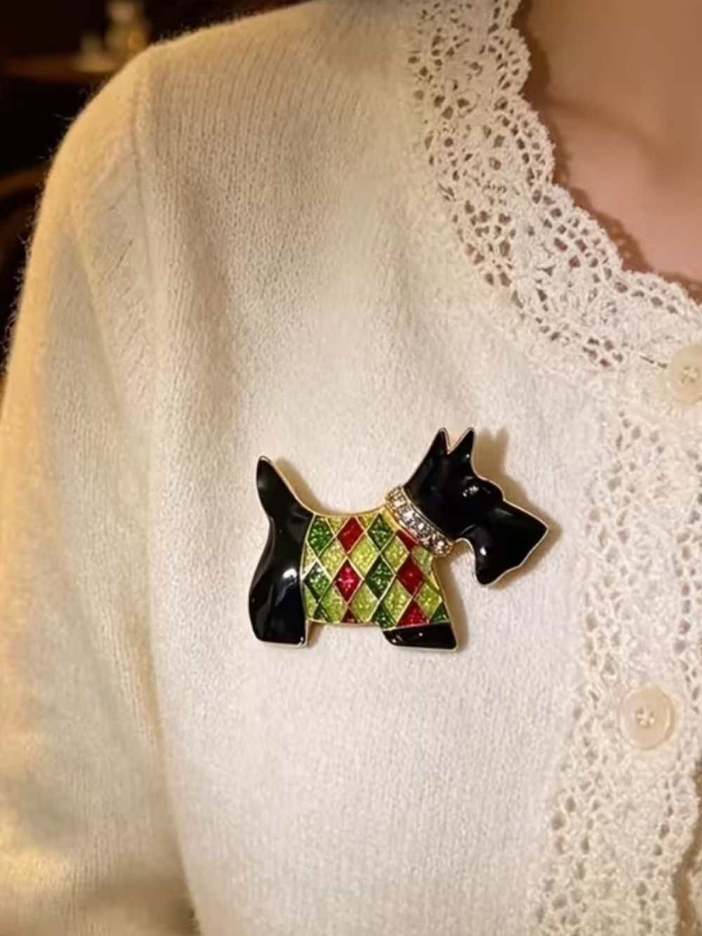 Scottie Dog Brooch Pin - Black with Red & Green Harlequin Pattern